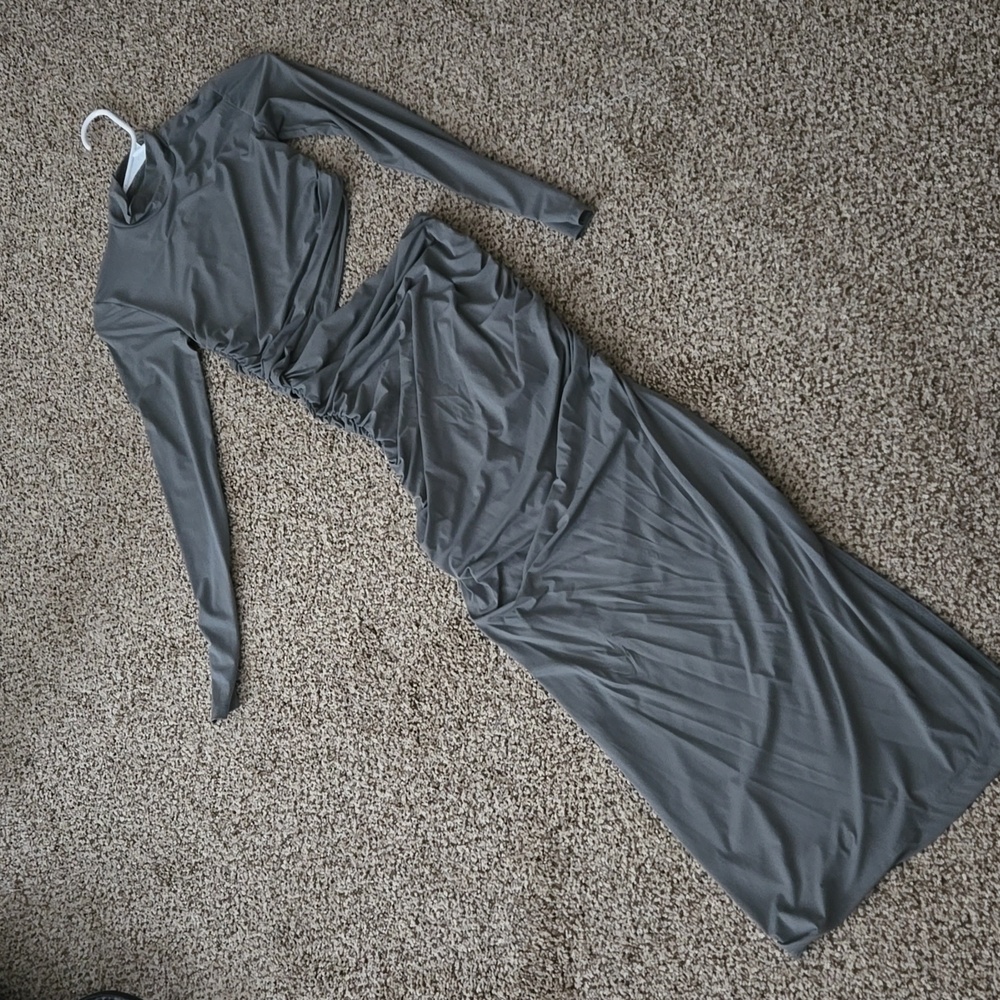 Zara grey bodycon mock neck dress with ruching and side slit